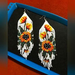Hand crafted Native American style sunflower seed bead earrings